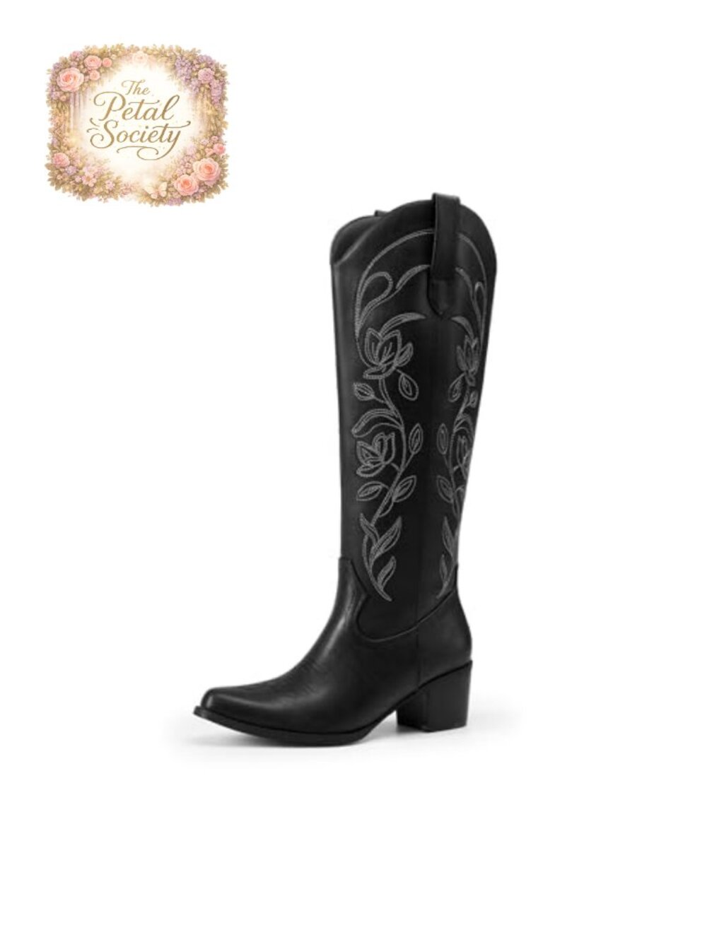 Western Knee High Cowboy Boots Floral Embroidery Faux Leather Square Toe